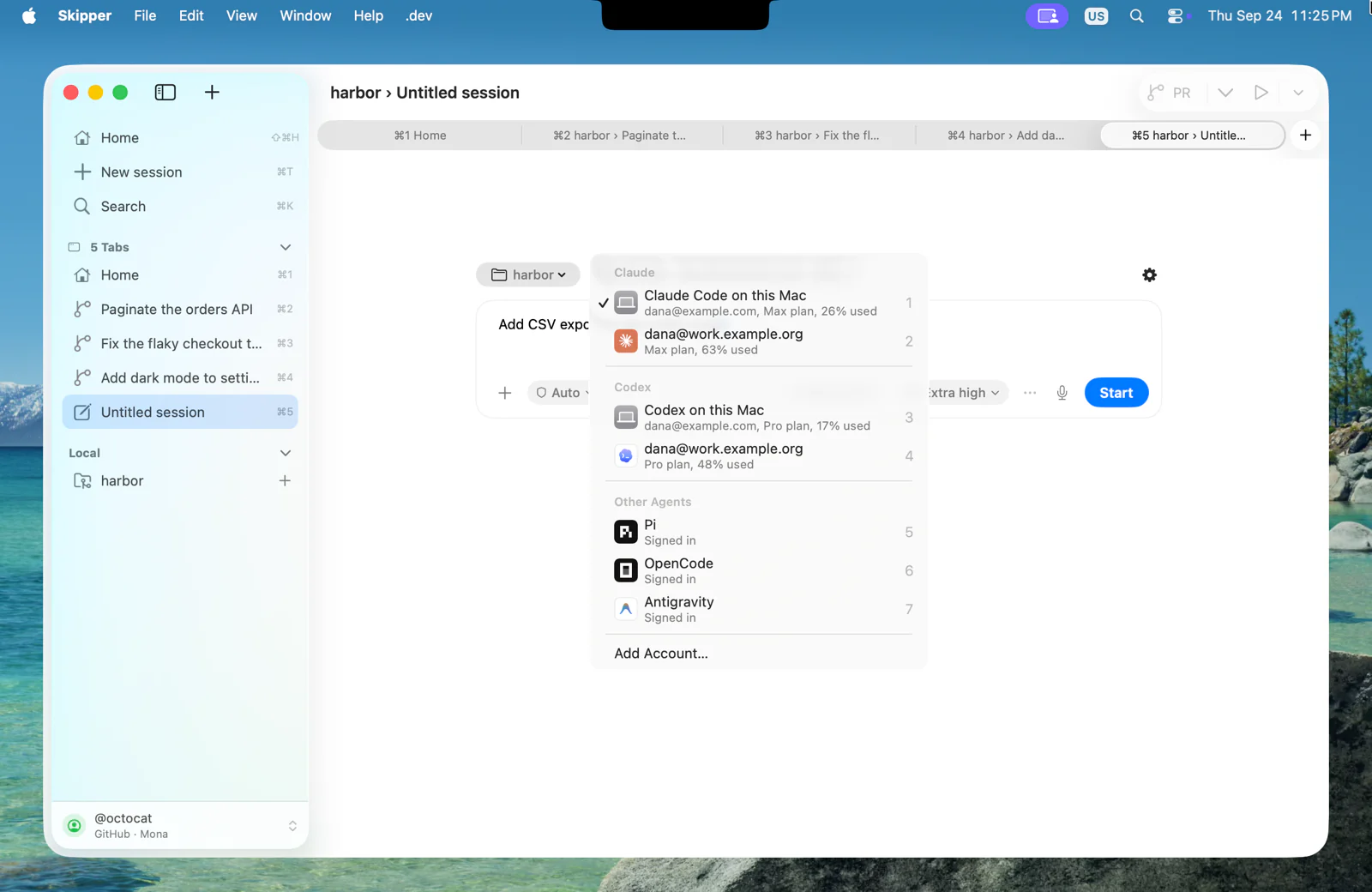 Skipper on a Mac, with three sessions in the sidebar and the new session's account menu listing two Claude accounts and two OpenAI accounts with their plan usage